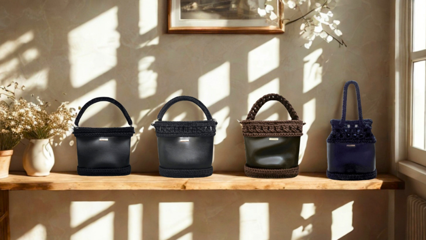 Four plant-based leather handbags in a refined vintage interior