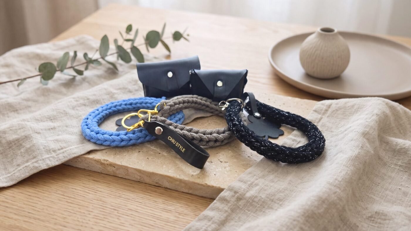 Sustainable plant-based leather accessories and industrial design keychains hero display