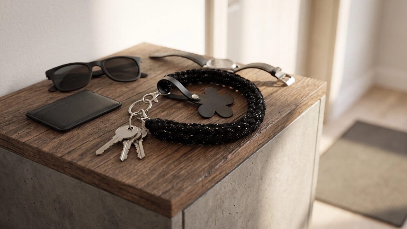 Handmade black braided vegan leather keychain with industrial hardware on a minimalist entryway shoe cabinet