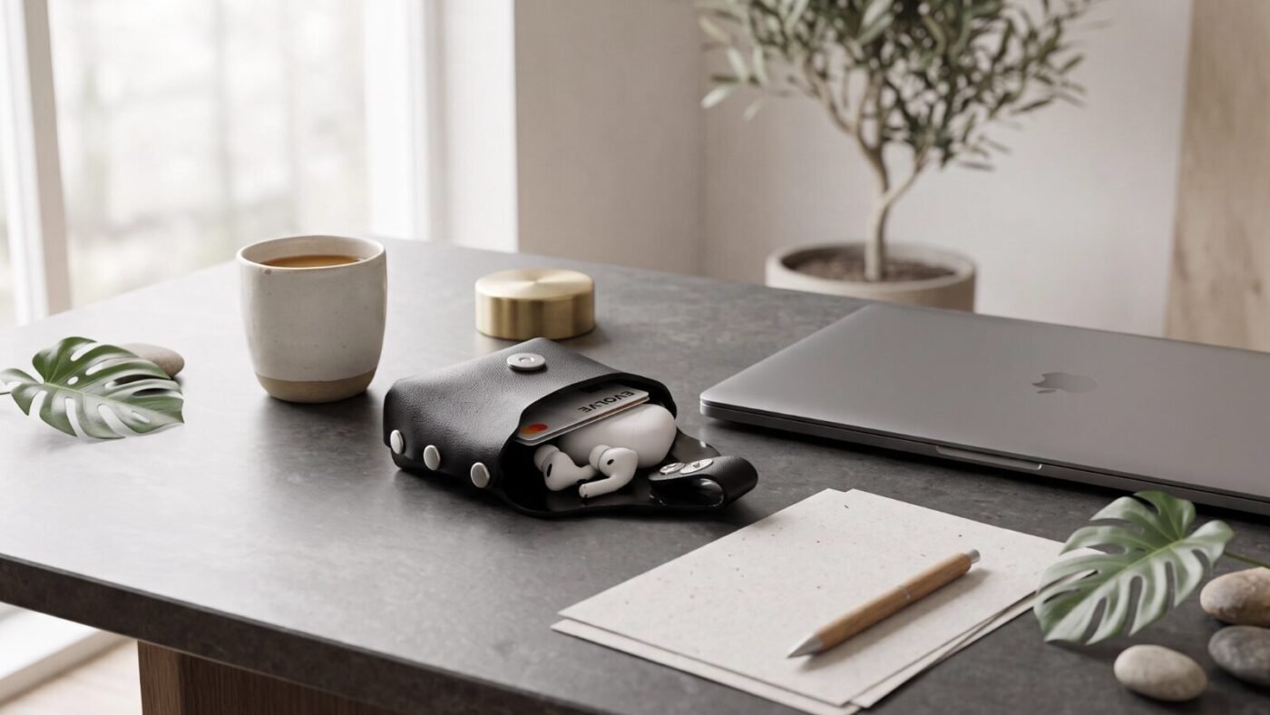 Mini vegan leather wallet holding cards and wireless earbuds on a modern dark desk