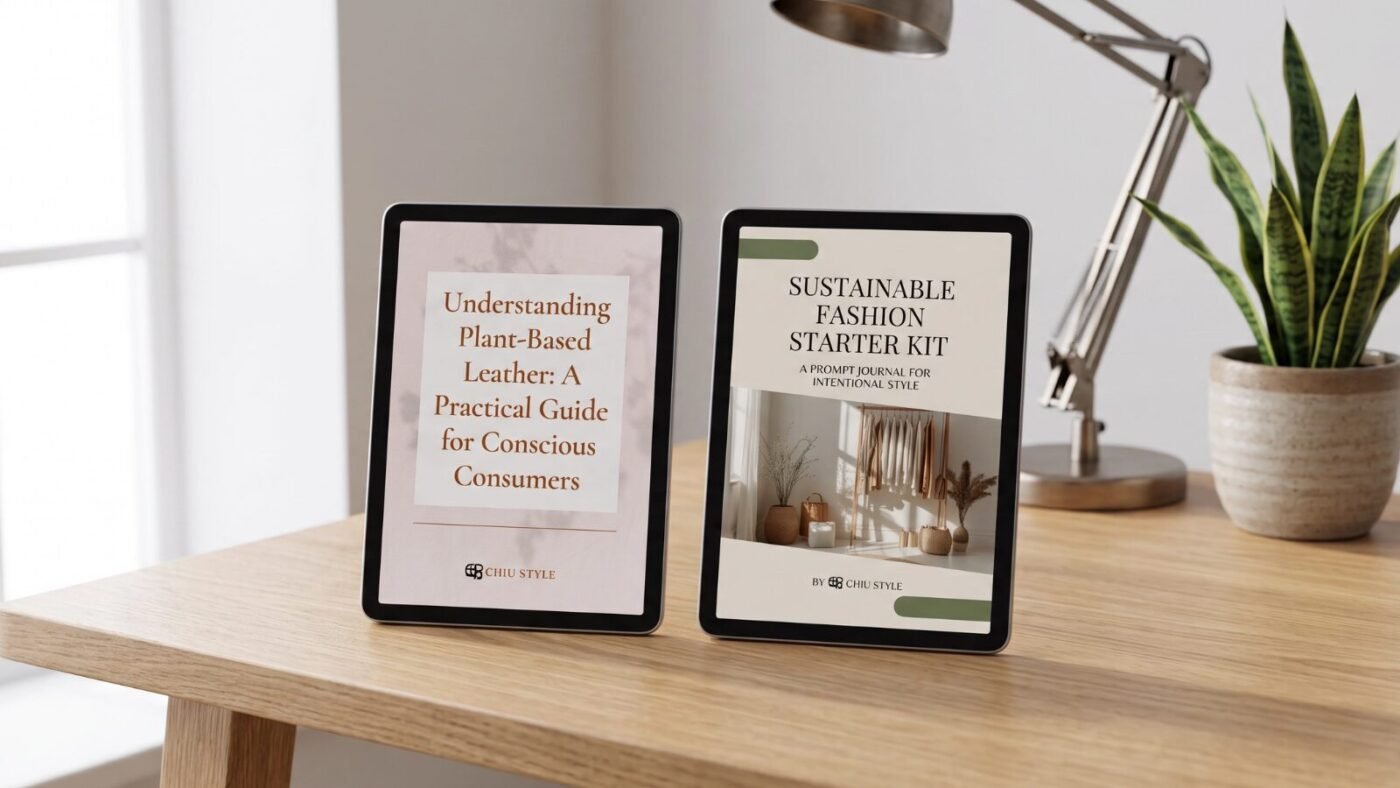 Two digital e-reader devices displaying sustainable lifestyle book covers on a minimalist modern wooden desk