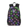 Trendy flower pattern backpack with side mesh pockets in black, green, pink, and purple colors.