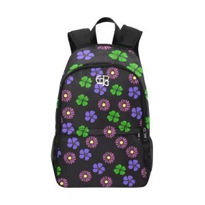 Trendy flower pattern backpack with side mesh pockets in black, green, pink, and purple colors.