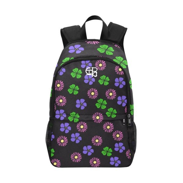 Trendy flower pattern backpack with side mesh pockets in black, green, pink, and purple colors.