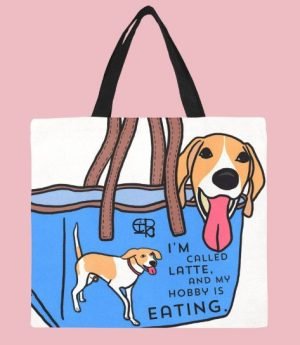 CHIU STYLE Large Canvas Tote Bag - White with Latte dog print