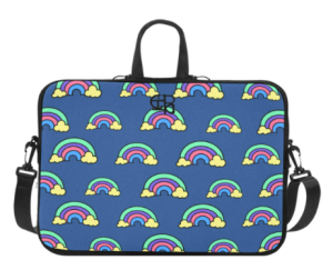 Navy blue Rainbow Laptop Sleeve for MacBook Air 11 inches, water-resistant neoprene, double zipper, and adjustable shoulder strap.