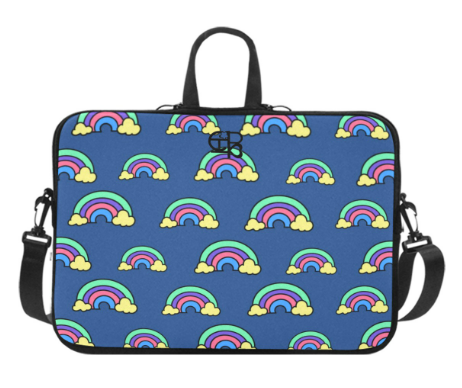 Navy blue Rainbow Laptop Sleeve for MacBook Air 11 inches, water-resistant neoprene, double zipper, and adjustable shoulder strap.