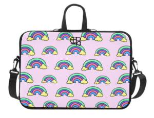 Pink Rainbow Laptop Sleeve for MacBook Air 11 inches, water-resistant neoprene, double zipper, and adjustable shoulder strap.