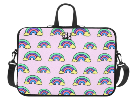 Pink Rainbow Laptop Sleeve for MacBook Air 11 inches, water-resistant neoprene, double zipper, and adjustable shoulder strap.