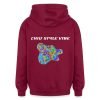 CHIU STYLE Vibe Hoodie 2024 Edition – Red hoodie with geometric patch design and slogan.