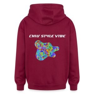 CHIU STYLE Vibe Hoodie 2024 Edition – Red hoodie with geometric patch design and slogan.