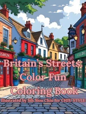 Britain's Streets: Color Fun Coloring Book cover with colorful British village illustration