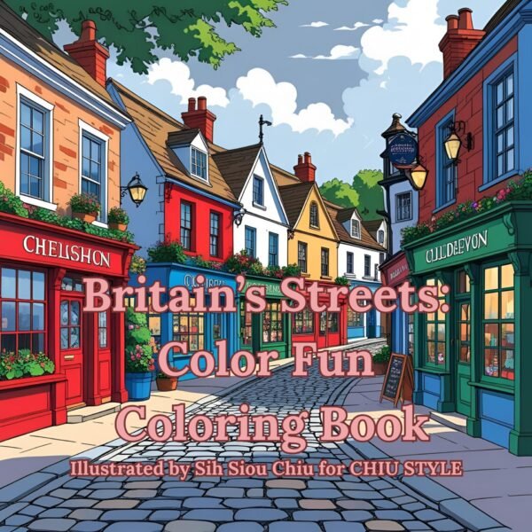 Britain's Streets: Color Fun Coloring Book cover with colorful British village illustration