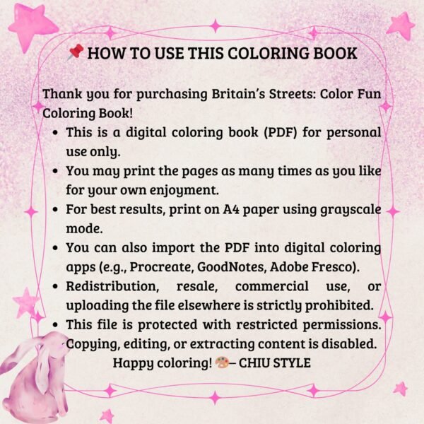 Instruction page for using Britain’s Streets: Color Fun Coloring Book PDF
