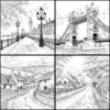Preview of 4 British street scenes from the coloring book, including Tower Bridge, Big Ben, and countryside streets