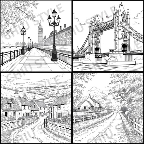 Preview of 4 British street scenes from the coloring book, including Tower Bridge, Big Ben, and countryside streets