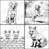 Four illustrations from the Color Me British: Pets & Nature Coloring Book — a Labrador, a Labrador playing on grass, a fox, and a fox peeking out from behind a wall.