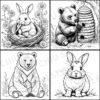 Four illustrations from the Color Me British coloring book — a rabbit, a rabbit eating a carrot in its burrow, a bear, and a bear digging into a beehive for honey.