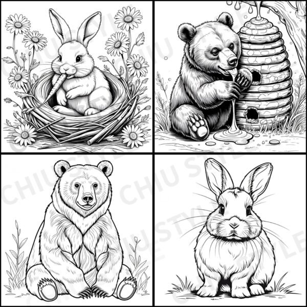 Four illustrations from the Color Me British coloring book — a rabbit, a rabbit eating a carrot in its burrow, a bear, and a bear digging into a beehive for honey.