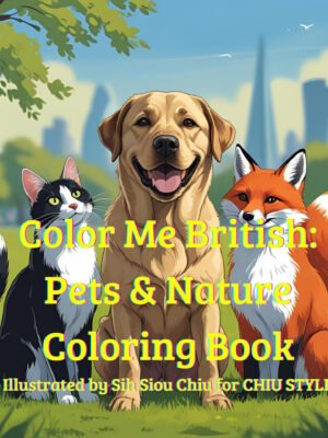 Cover of "Color Me British: Pets & Nature Coloring Book" featuring an illustrated Labrador, a cat, and a fox surrounded by botanical elements.