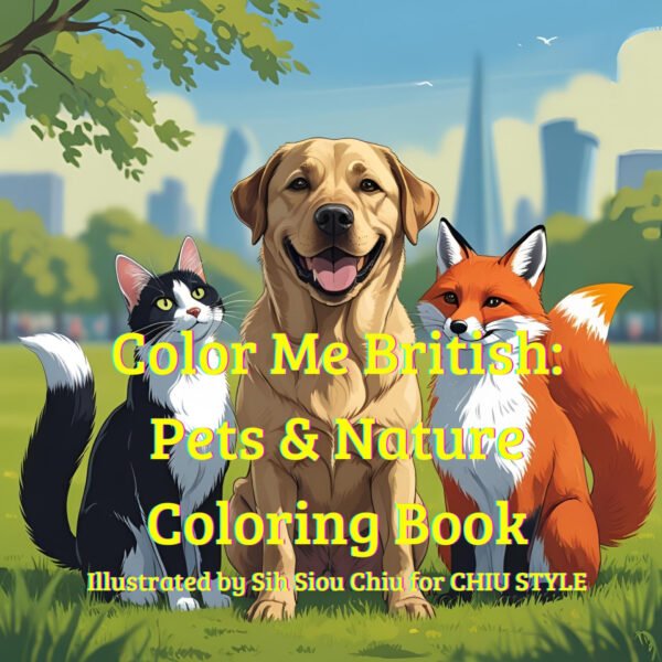 Cover of "Color Me British: Pets & Nature Coloring Book" featuring an illustrated Labrador, a cat, and a fox surrounded by botanical elements.