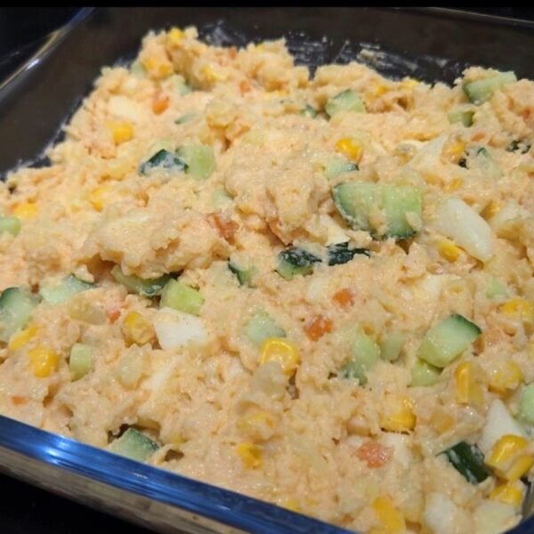Kimchi-flavored potato salad served in a bowl