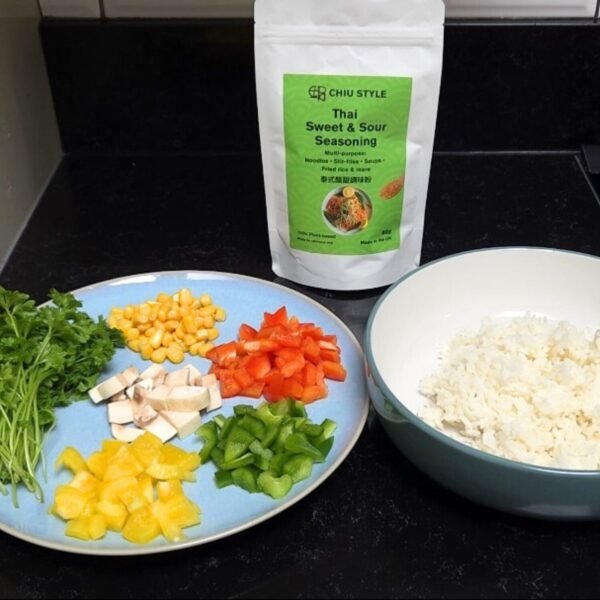 CHIU STYLE Thai Sweet & Sour Seasoning with bell peppers, corn, mushrooms, and coriander, ingredients for Thai Sweet & Sour Fried Rice