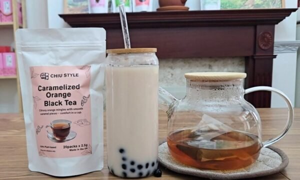 Iced caramel orange milk tea with tapioca pearls made from CHIU STYLE Caramelized Orange Black Tea