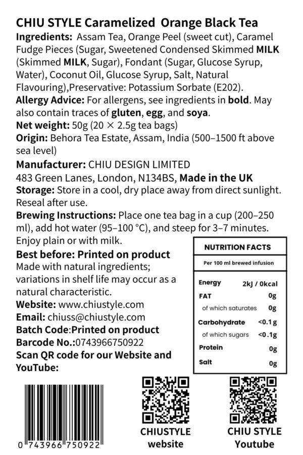 CHIU STYLE Caramelized Orange Black Tea with Assam tea, sweet orange peel and caramel fudge pieces