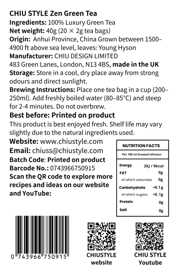 CHIU STYLE Zen green tea Back label of a Zen Green Tea Bag product showing ingredients, brewing instructions, storage guidance, and manufacturer information.