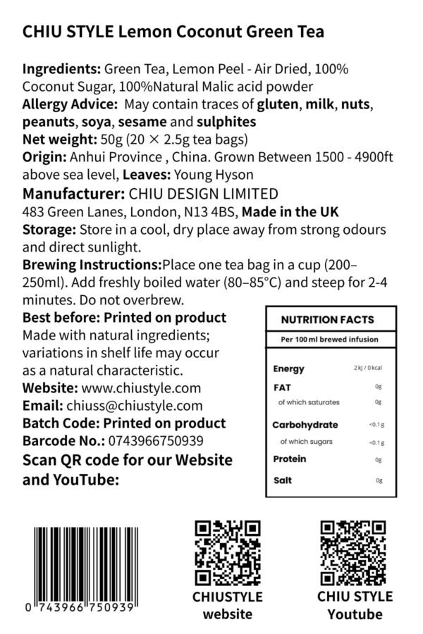 Back label of a Lemon Coconut Green Tea product showing ingredients, brewing directions, storage instructions, and manufacturer information.