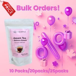 Assam Black Tea – Behora Estate | Bulk Order Special Price Assam Black Tea Behora Estate bulk order packaging on pink background with balloons, gift box and special price promotion