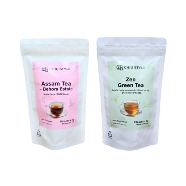 British Tea Pair – Assam Black Tea (left) and Zen Green Tea (right) in premium tea bags