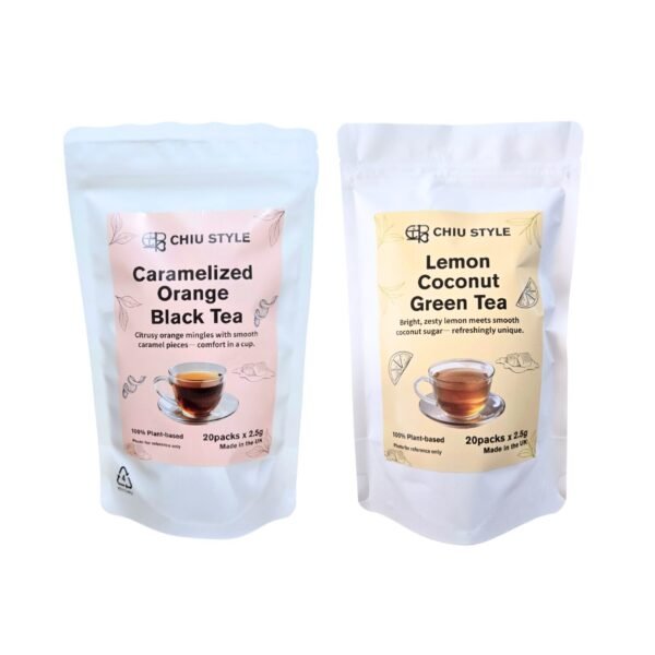 Luxury Tea gift set featuring Caramelized Orange Black Tea and Lemon Coconut Green Tea by CHIU STYLE
