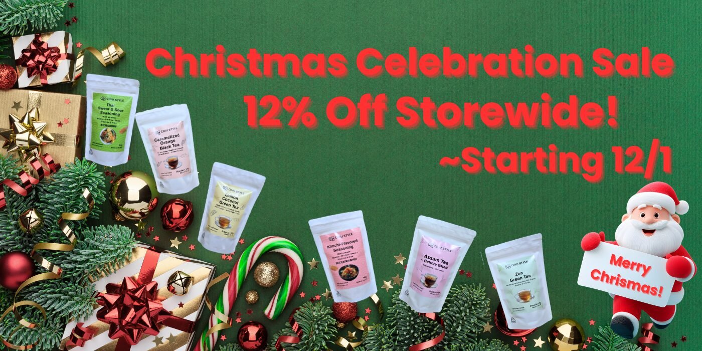 Christmas-themed promotional banner with green background, left side features gifts and Christmas leaves, products arranged alongside the gifts; central text reads "Christmas Celebration Sale, 12% Off Storewide! ~ Starting 12/1"; bottom right shows Santa holding a "Merry Christmas!" sign.