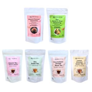 Tea & seasoning collection with kimchi-flavoured seasoning, Thai sweet & sour seasoning, Assam black tea, Zen green tea, caramelised orange black tea and lemon coconut green tea