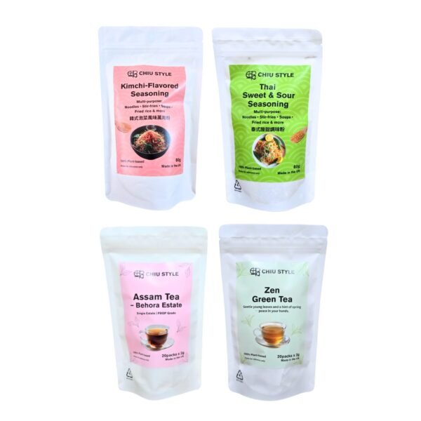 Global Flavours Discovery Set with Kimchi-Flavored Seasoning, Thai Sweet & Sour Seasoning, Assam Black Tea, and Zen Green Tea
