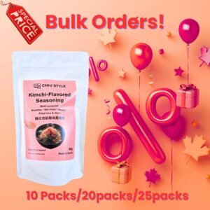 Kimchi-Flavored Seasoning 80g – Bulk Order (10 / 20 / 25 Packs) Kimchi-Flavored Seasoning 80g bulk order pouch on orange-red background with balloons, gift, and “Special price” badge.