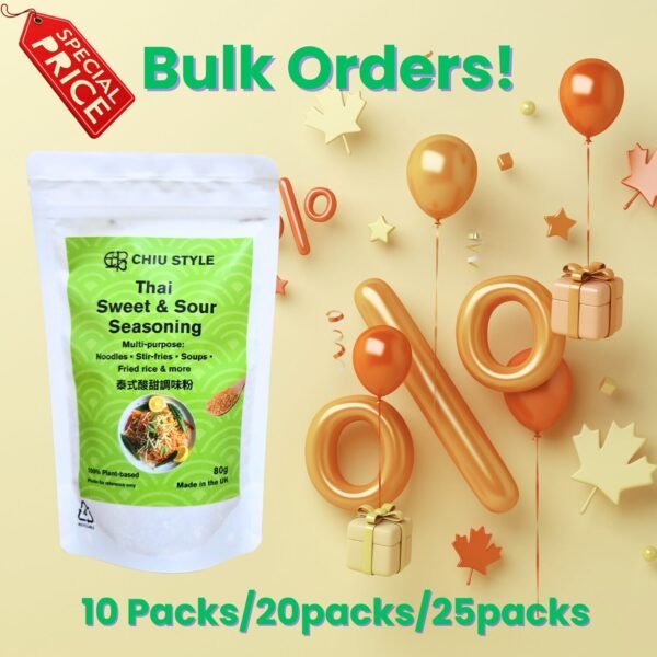 CHIU STYLE Thai Sweet & Sour Seasoning 80g bulk order packaging on a soft yellow background with gift balloons and percentage-shaped balloons highlighting special price
