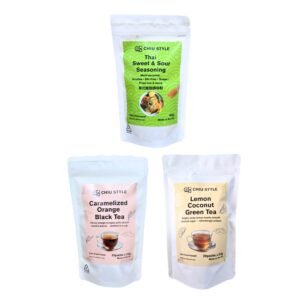 Tea & Spice Gift Set – Thai Sweet & Sour Seasoning in the center, Caramelized Orange Black Tea on the left, Lemon Coconut Green Tea on the right