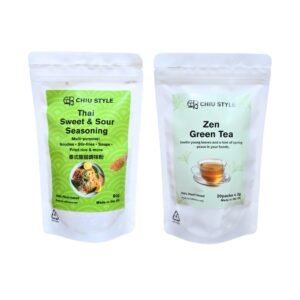 Healthy Harmony Pack showing Thai Sweet & Sour Seasoning on the left and Zen Green Tea on the right