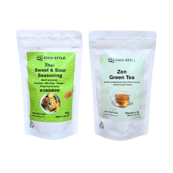 Healthy Harmony Pack showing Thai Sweet & Sour Seasoning on the left and Zen Green Tea on the right