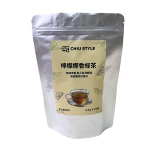 檸檬椰香綠茶鋁箔立式包裝，白底商品照