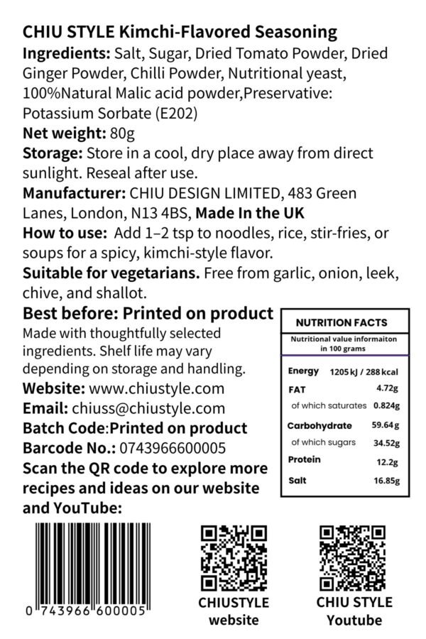 CHIU STYLE Kimchi-Flavored Seasoning label showing ingredients, usage instructions, storage, and manufacturer details.