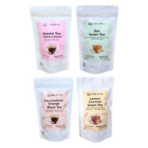Premium Tea Collection by CHIU STYLE: Assam Black Tea (top left), Zen Green Tea (top right), Caramelized Orange Black Tea (bottom left), and Lemon Coconut Green Tea (bottom right) in tea bags.