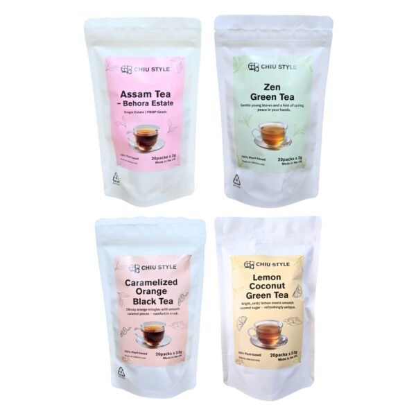 Premium Tea Collection by CHIU STYLE: Assam Black Tea (top left), Zen Green Tea (top right), Caramelized Orange Black Tea (bottom left), and Lemon Coconut Green Tea (bottom right) in tea bags.