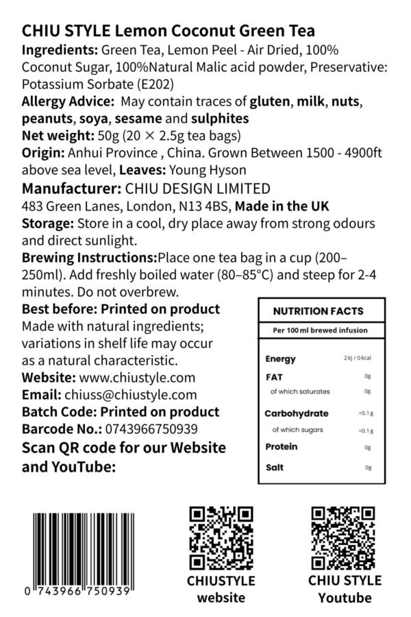 CHIU STYLE Lemon Coconut Green Tea with green tea leaves, lemon peel and coconut sugar
