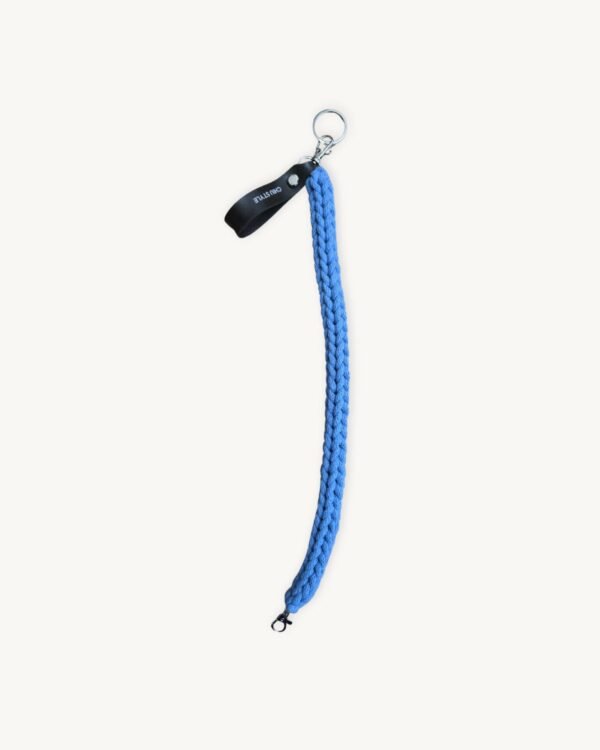 Full length straight view of the CHIU STYLE Classic Logo Vegan Leather Braided Keychain in Cornflower Blue, showing its 36-38cm length.