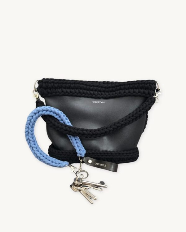 CHIU STYLE Cornflower Blue braided keychain attached to a bag handle for easy key retrieval.