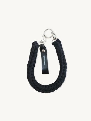 Black vegan leather braided keychain with dual metal clasps and CHIU STYLE logo tag